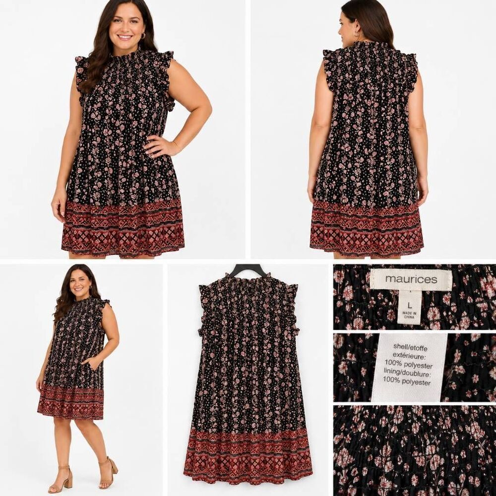 Maurices Black Floral Midi Dress Womens Medium